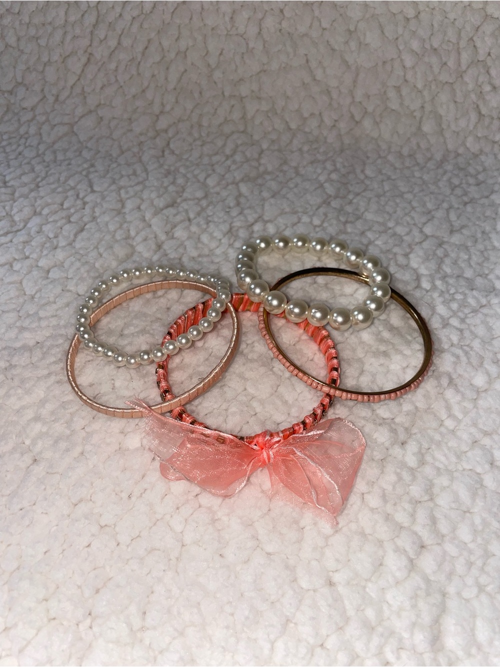 Pearl & Coral Pink Bow Bracelet Set - Women Jewelry